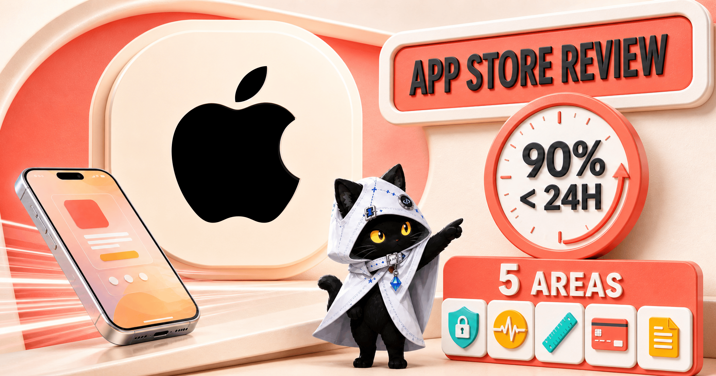 大きなApple公式マークを中心に、白いフードの黒猫、App Store審査の5分野、提出物の90%が24時間未満という目安を示した明るい立体イラスト