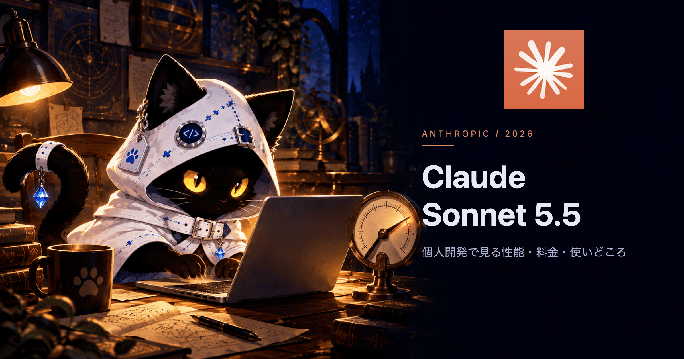 Claude公式マークと白いフードの黒猫が、ノートPCで作業しながら高い値を指す計器を横に置いたClaude Sonnet 5.5のイラスト